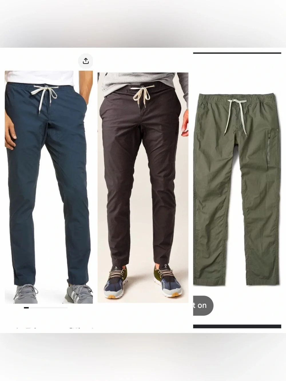 3 pairs Vuori Ripstop Climber Pants Purplish Brown, Green, Navy Large